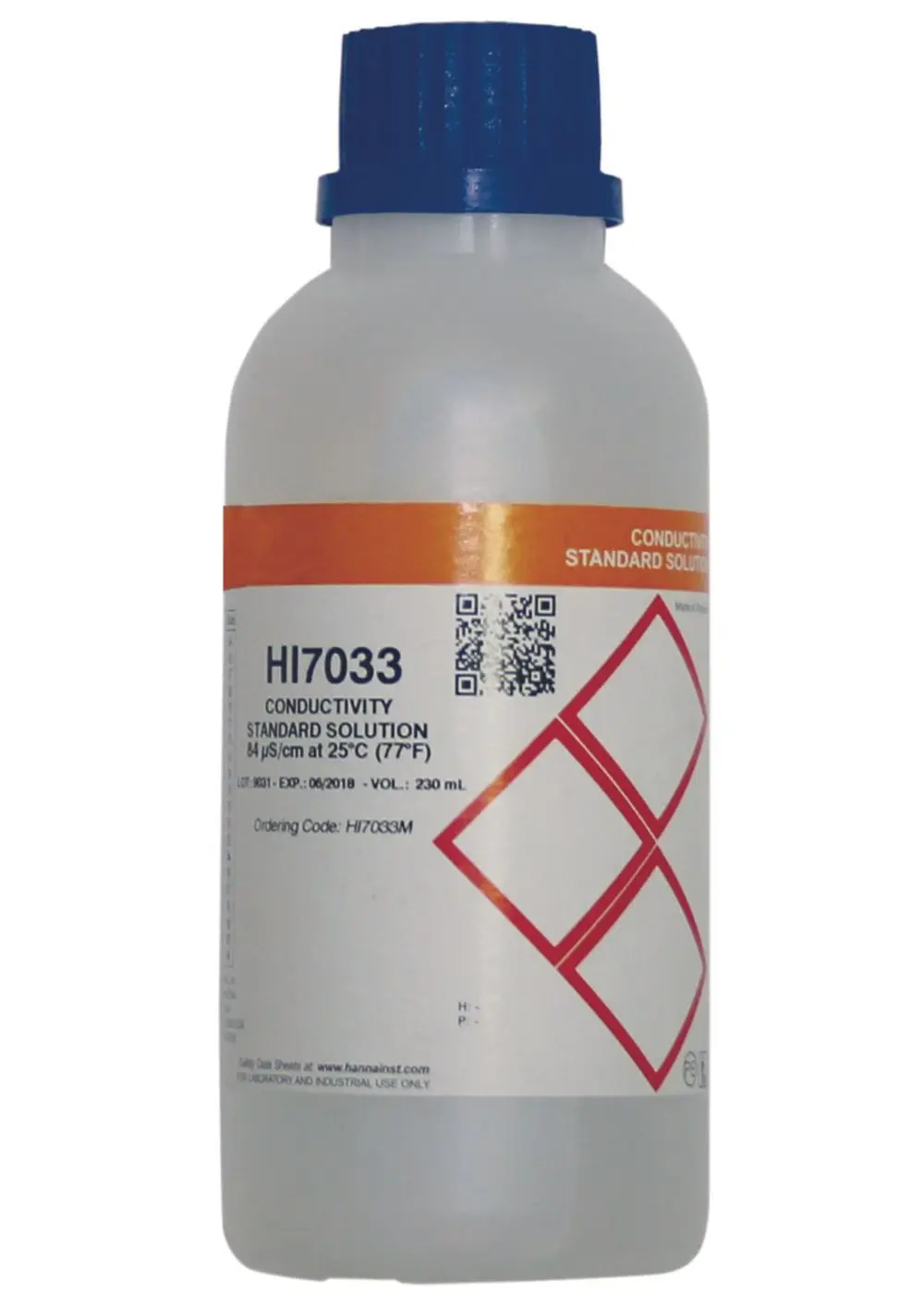 Flasche mit Kalibrierlösung von Judo, beschriftet mit Angaben zur Leitfähigkeit von 84 µS/cm bei 25 °C, Inhalt 230 ml. Sicherheitshinweise auf der Verpackung.